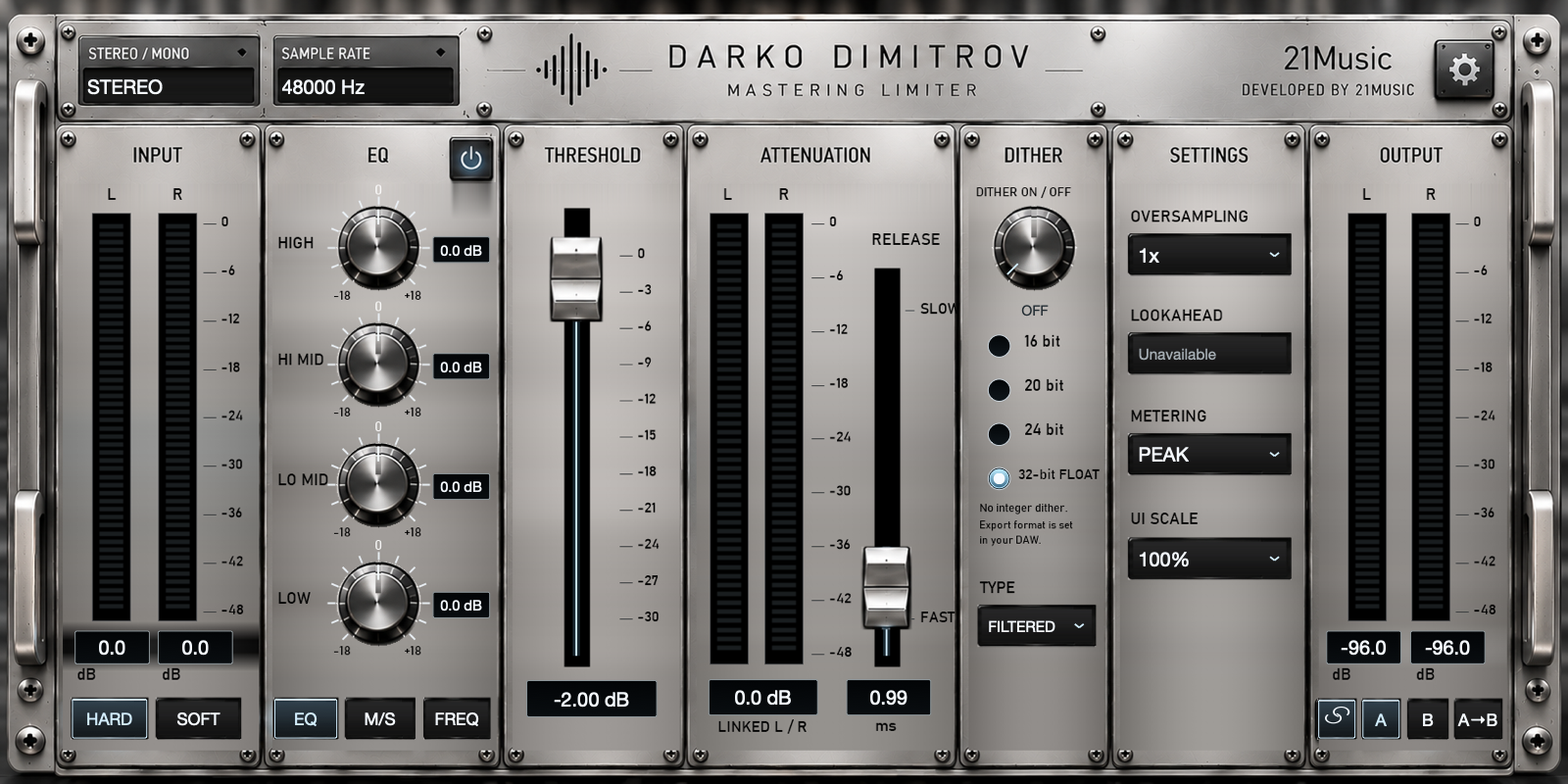 Platinum titanium interface of the Darko Dimitrov Mastering Limiter, with EQ, threshold, attenuation, dither, settings and output sections